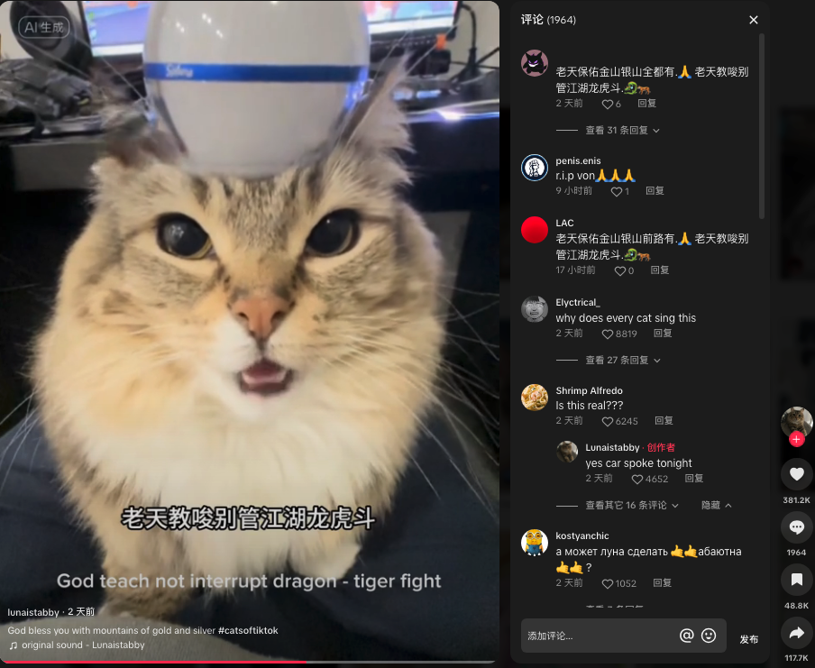 AI猫说唱爆火TikTok 萌宠AI对口型神器走红